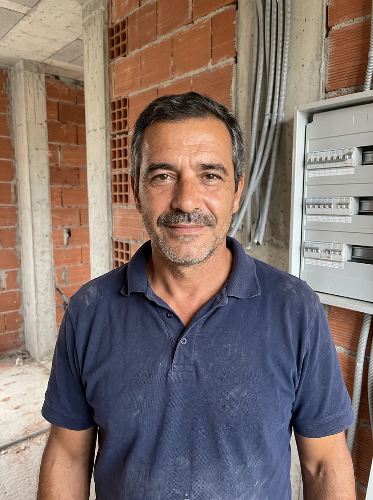 Jorge Ferraz, eletricista há 22 anos e fundador da Ferraz Gear, numa obra