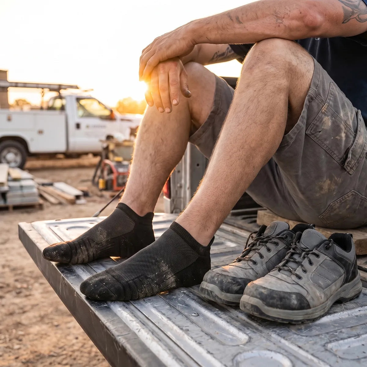 Meias de trabalho SlabProof Cano Baixo nos pés de um homem do ofício sentado no taipal de uma carrinha, com os sapatos de segurança ao lado