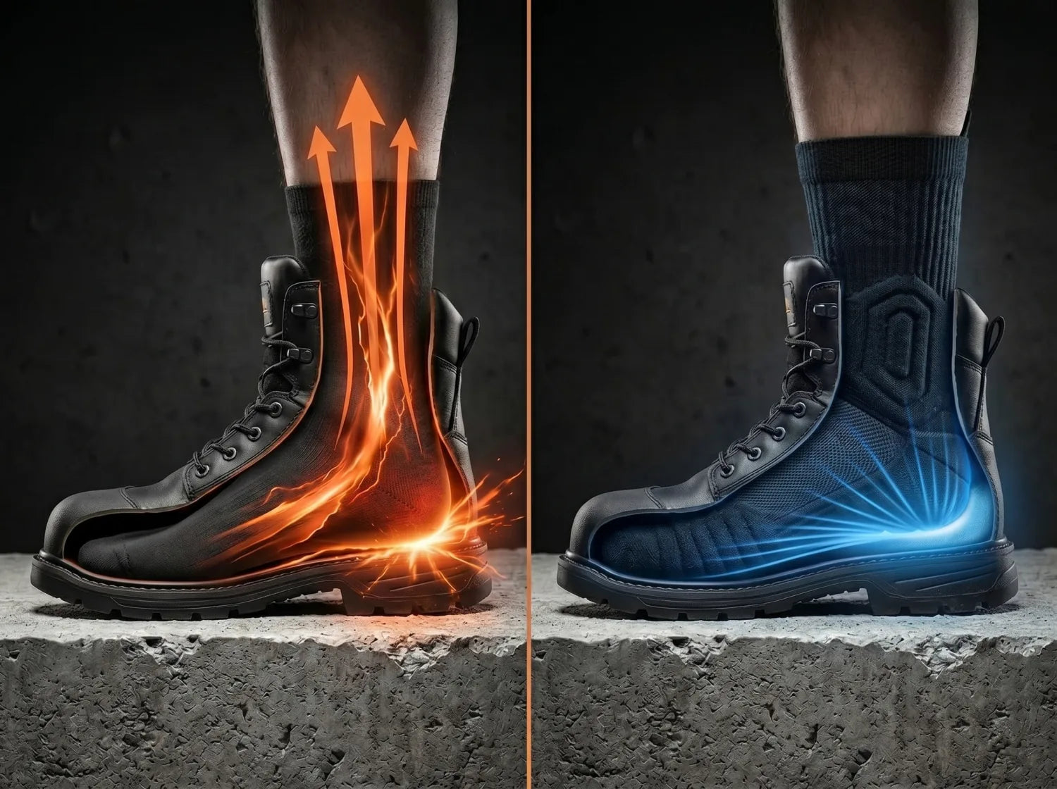 Teste de impacto: uma meia de trabalho normal deixa o choque subir pela perna, enquanto a SlabProof Tech Sock o espalha por toda a planta do pé