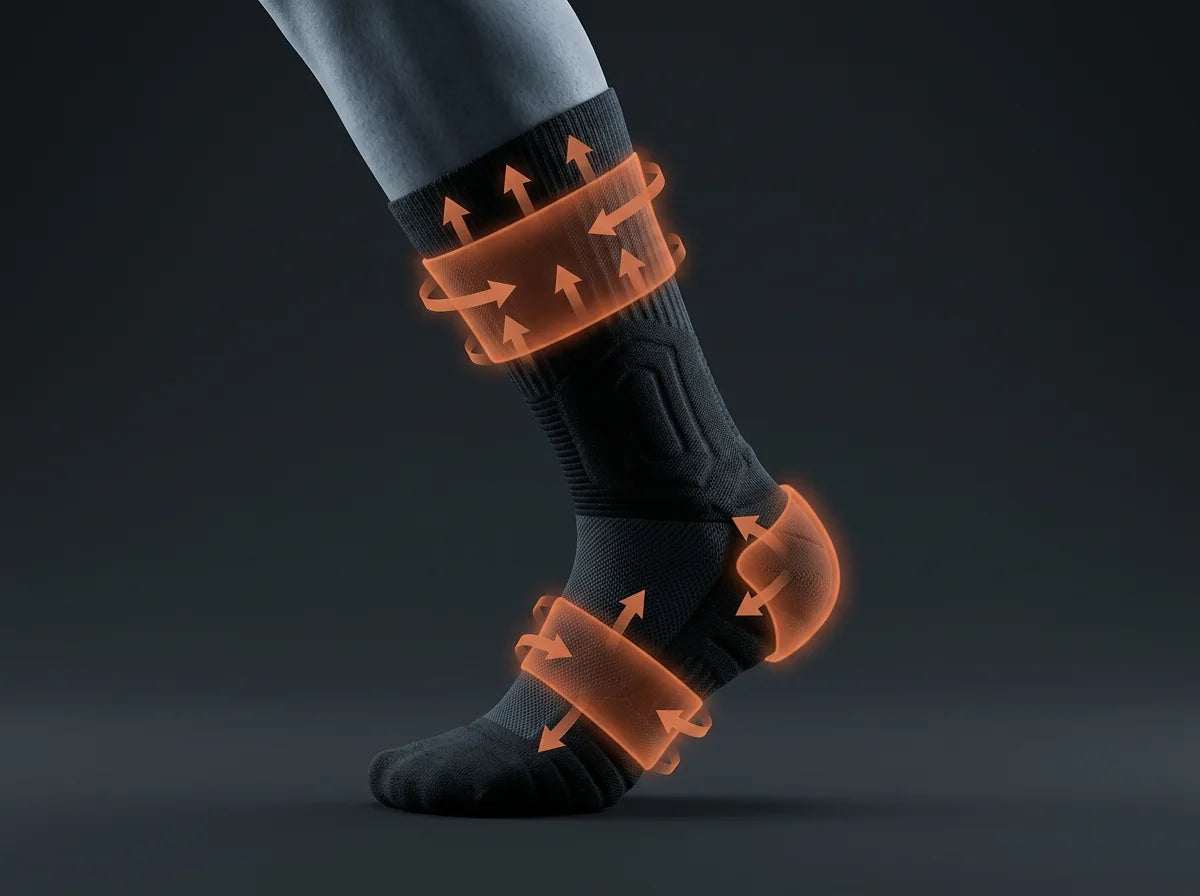 Onde a SlabProof Tech Sock segura: um punho largo com aderência, uma faixa que prende o arco do pé e um encaixe no calcanhar mantêm-na no sítio sem apertar a barriga da perna
